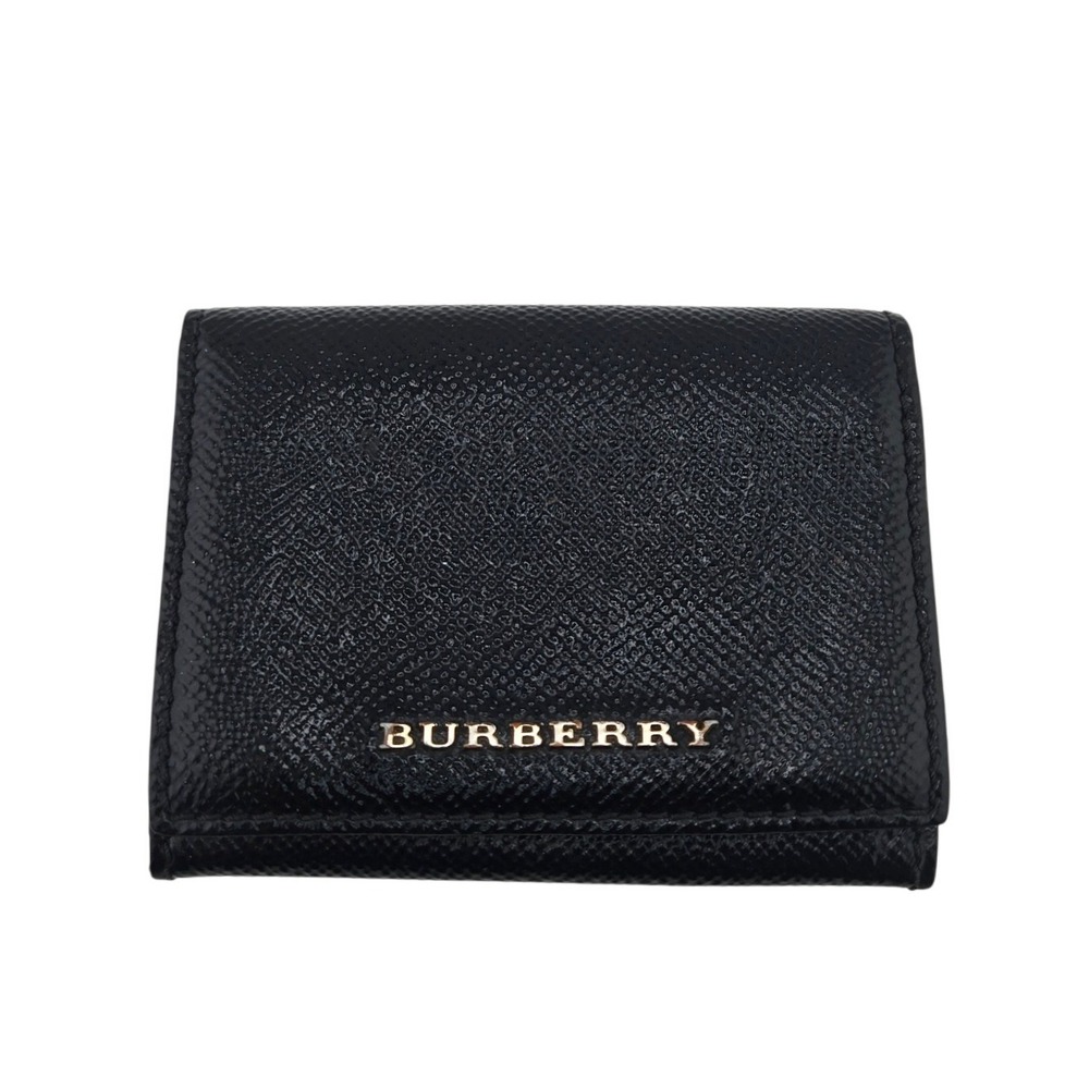 Burberry Black Textured Leather Compact Tri-Fold Wallet Gold Logo